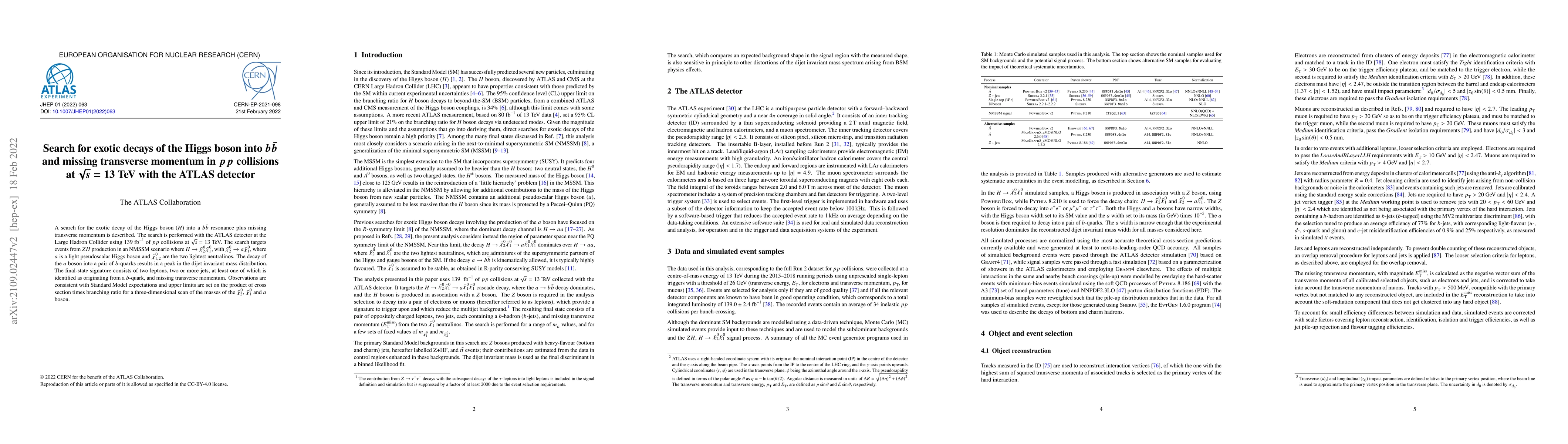 Thumbnail for Search for exotic decays of the Higgs boson into $b\bar{b}$ and missing
  transverse momentum in $pp$ collisions at $\sqrt{s} = 13$ TeV with the ATLAS
  detector
