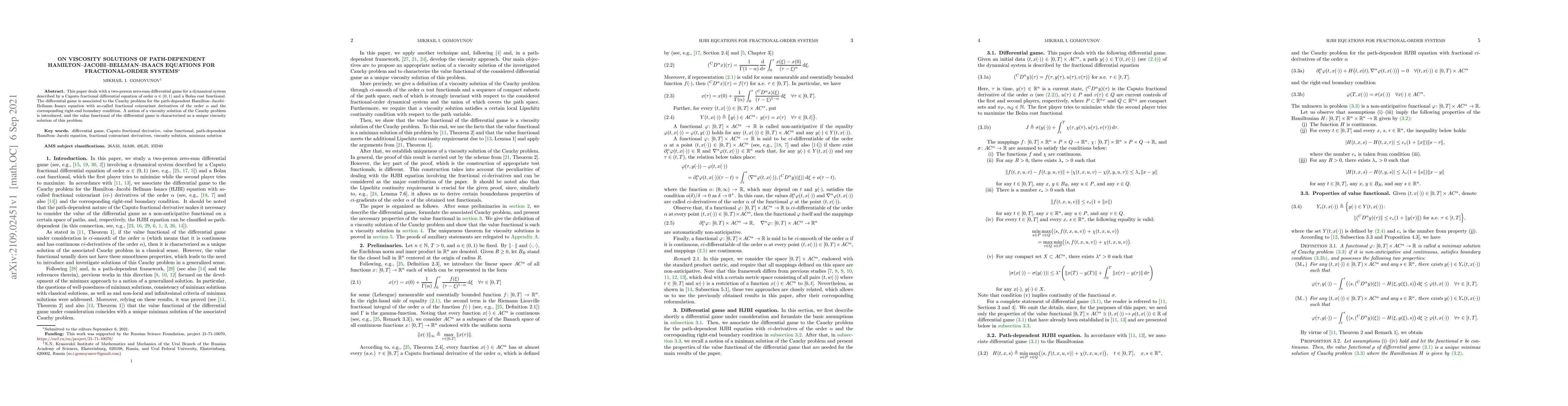 Thumbnail for On viscosity solutions of path-dependent
  Hamilton--Jacobi--Bellman--Isaacs equations for fractional-order systems