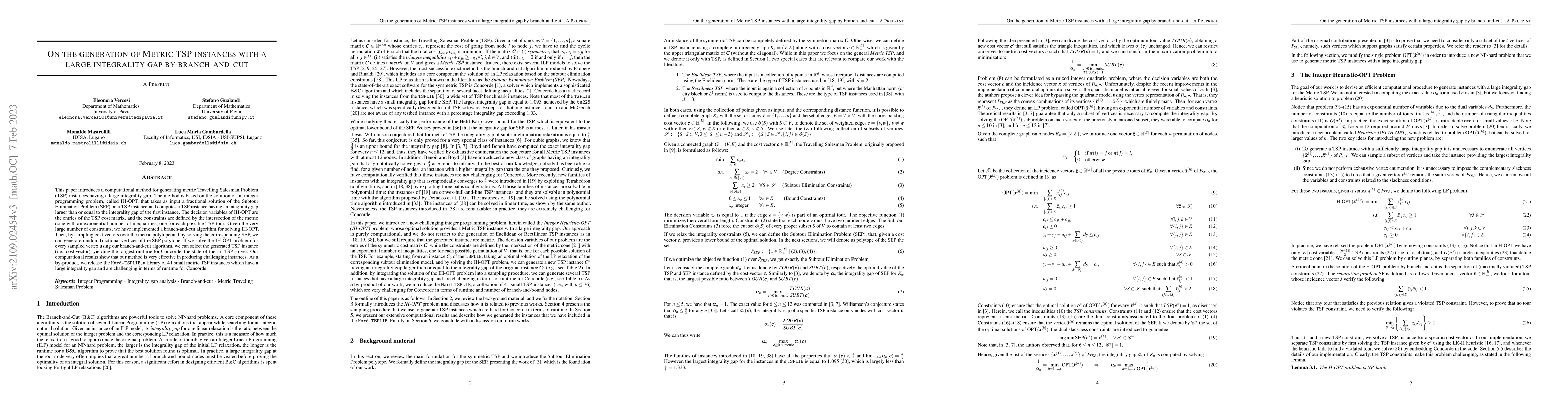 Thumbnail for On the generation of Metric TSP instances with a large integrality gap
  by branch-and-cut