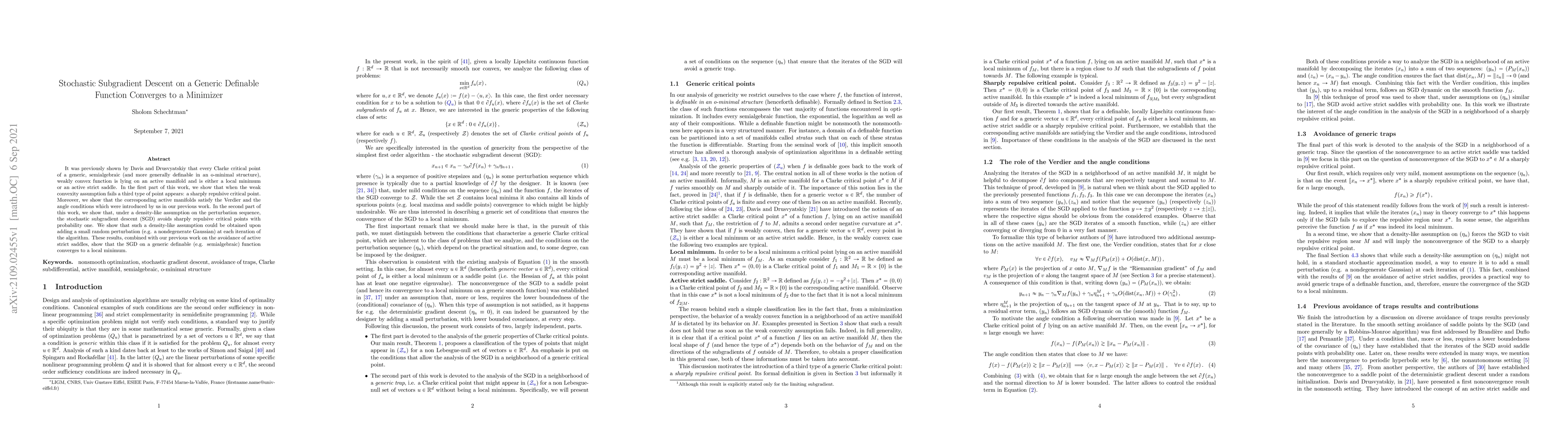 Thumbnail for Stochastic Subgradient Descent on a Generic Definable Function Converges
  to a Minimizer