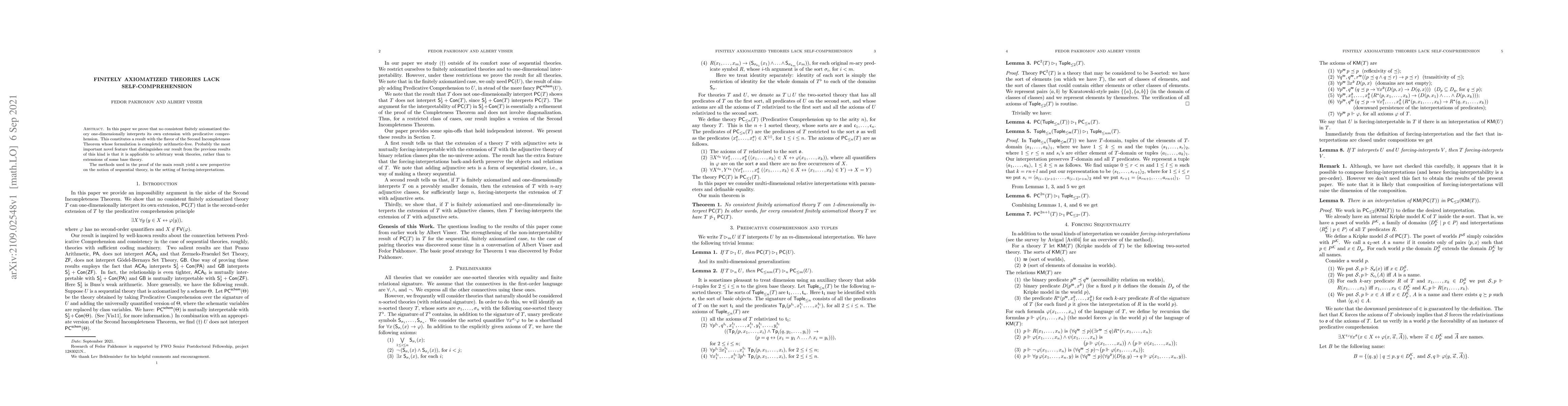 Thumbnail for Finitely Axiomatized Theories Lack Self-Comprehension