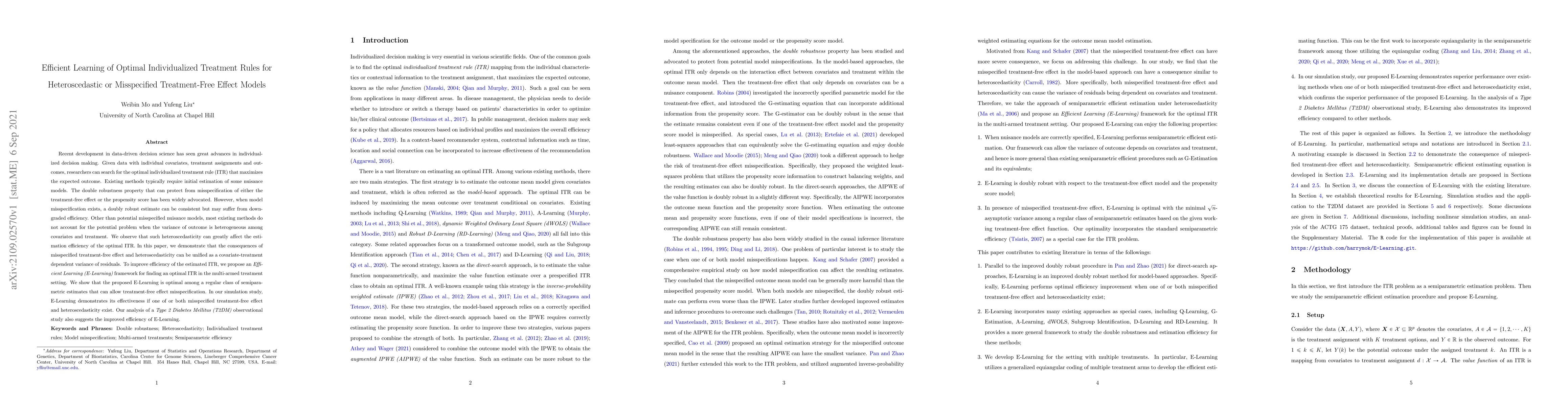 Thumbnail for Efficient Learning of Optimal Individualized Treatment Rules for
  Heteroscedastic or Misspecified Treatment-Free Effect Models
