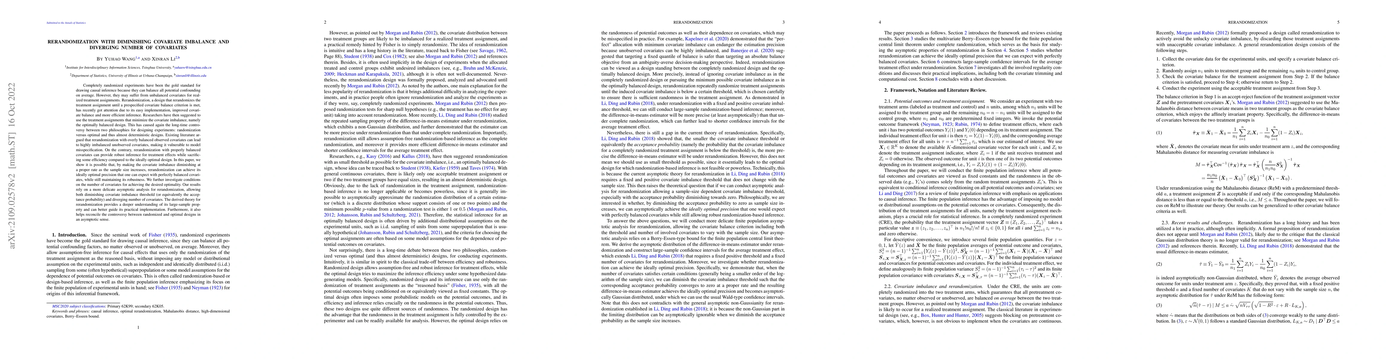 Thumbnail for Rerandomization with Diminishing Covariate Imbalance and Diverging
  Number of Covariates