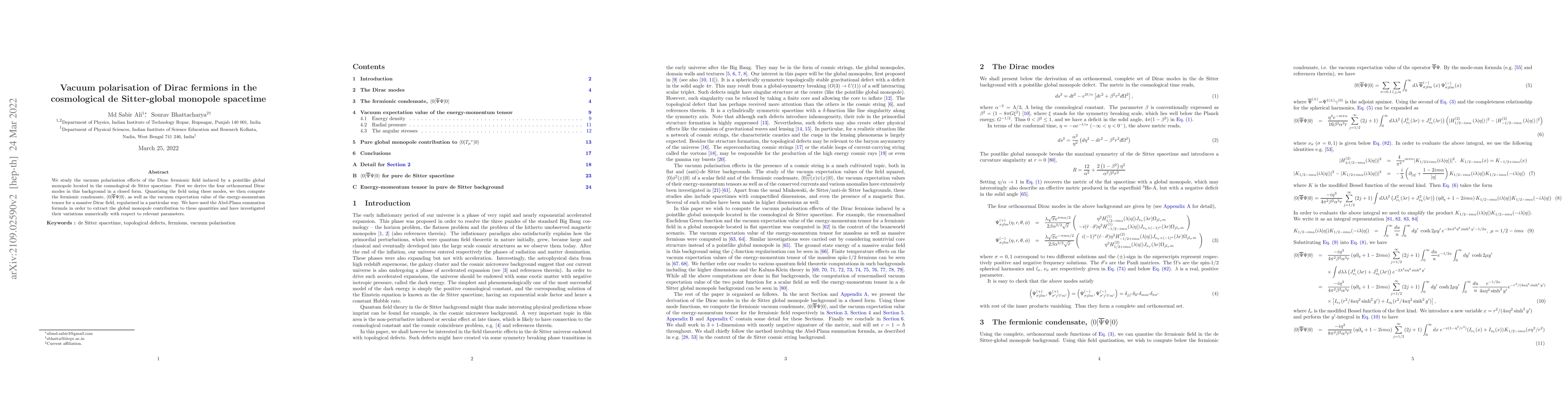 Thumbnail for Vacuum polarisation of Dirac fermions in the cosmological de
  Sitter-global monopole spacetime