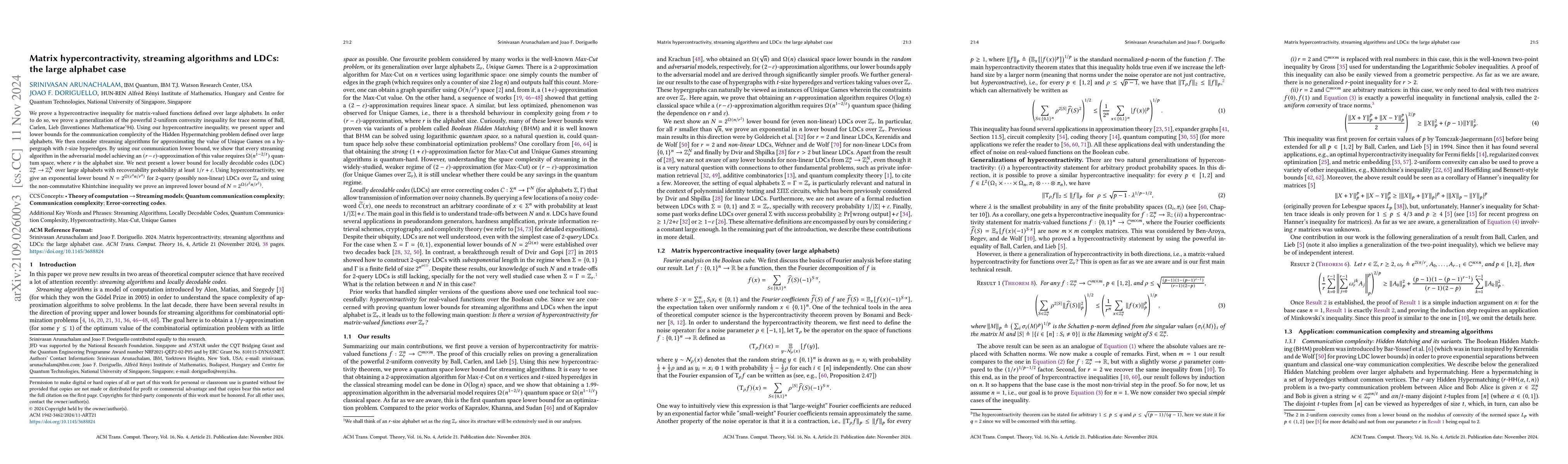 Thumbnail for Matrix hypercontractivity, streaming algorithms and LDCs: the large
  alphabet case