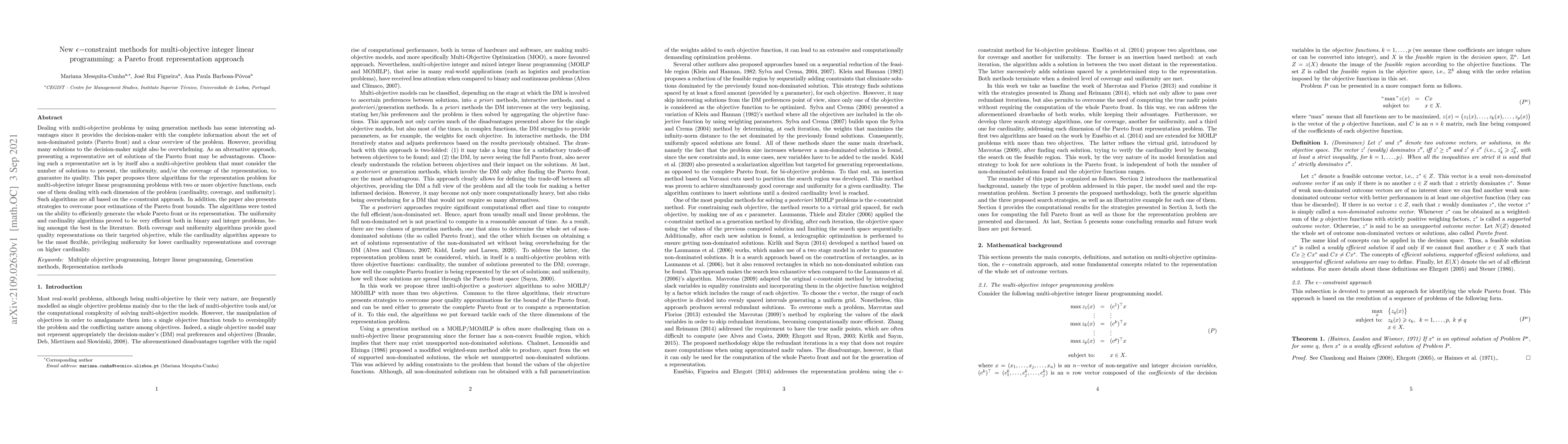 Thumbnail for New $\epsilon$-constraint methods for multi-objective integer linear
  programming: a Pareto front representation approach