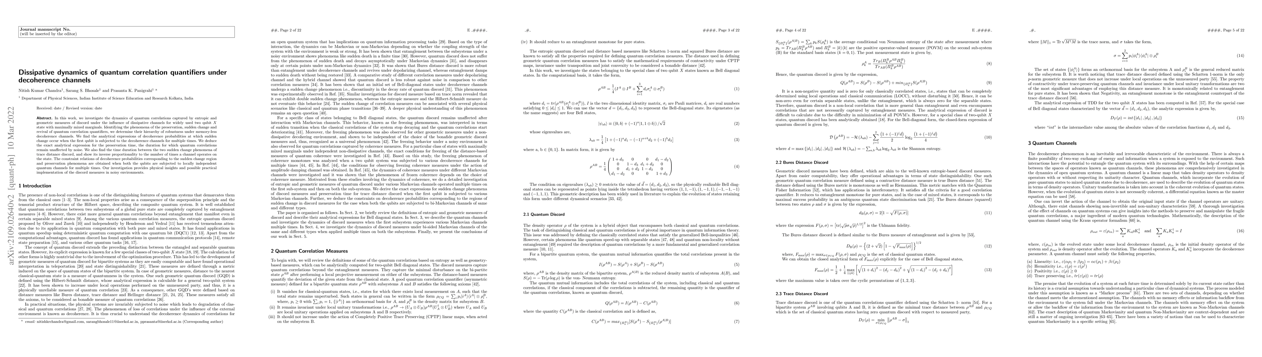 Thumbnail for Dissipative dynamics of quantum correlation quantifiers under
  decoherence channels