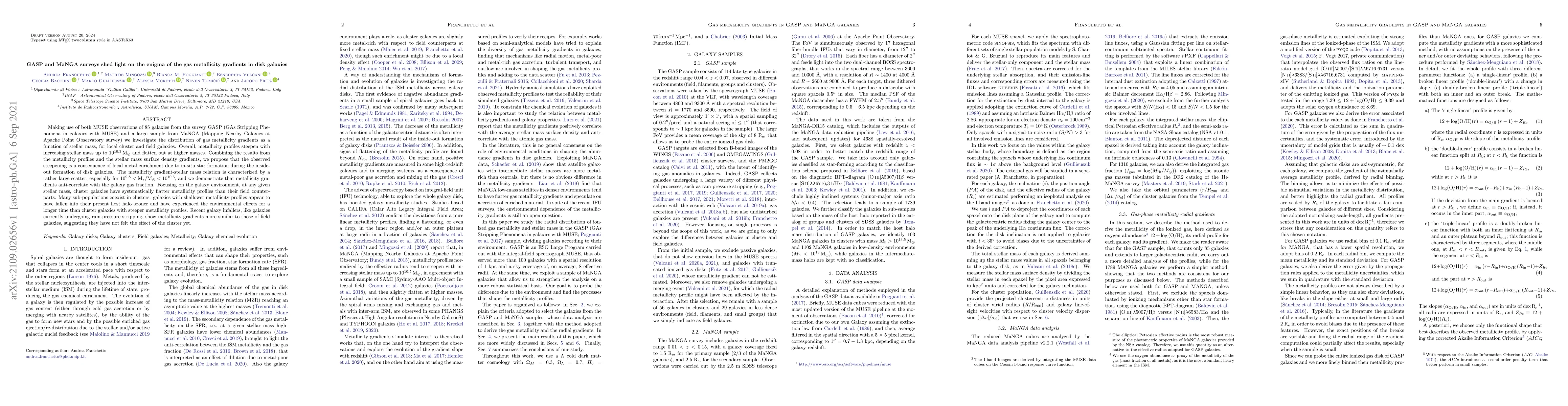 Thumbnail for GASP and MaNGA surveys shed light on the enigma of the gas metallicity
  gradients in disk galaxies
