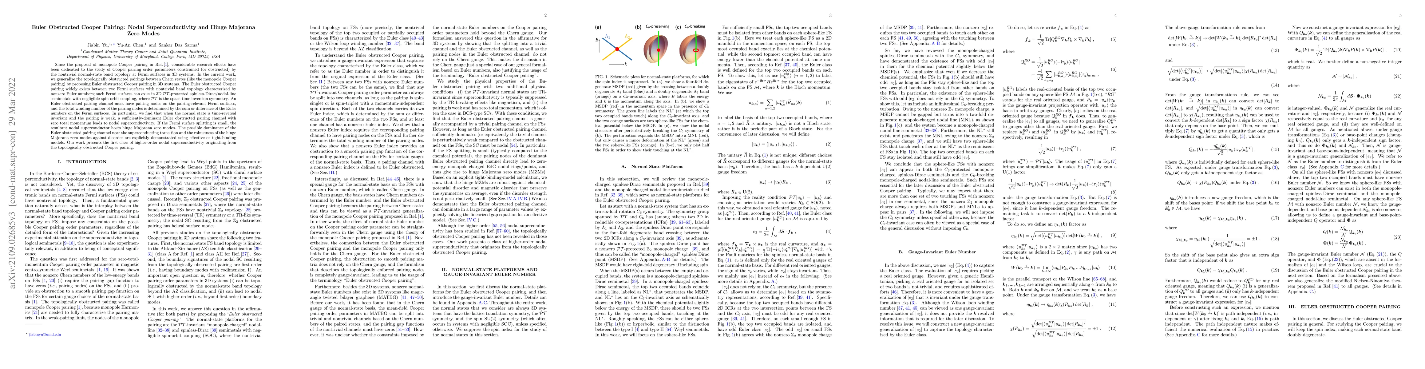 Thumbnail for Euler Obstructed Cooper Pairing: Nodal Superconductivity and Hinge
  Majorana Zero Modes