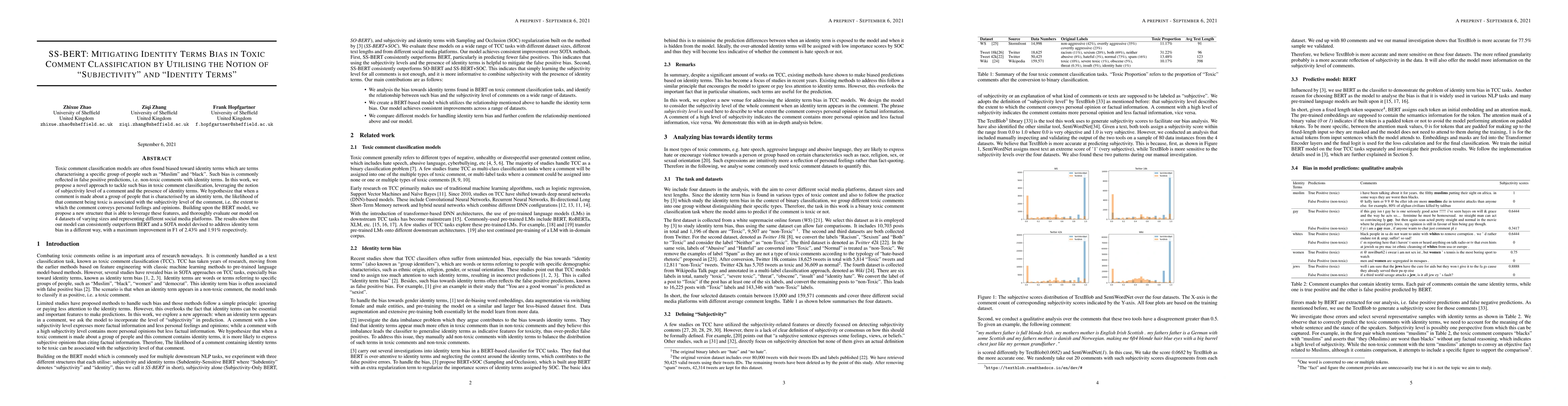 Thumbnail for SS-BERT: Mitigating Identity Terms Bias in Toxic Comment Classification
  by Utilising the Notion of "Subjectivity" and "Identity Terms"
