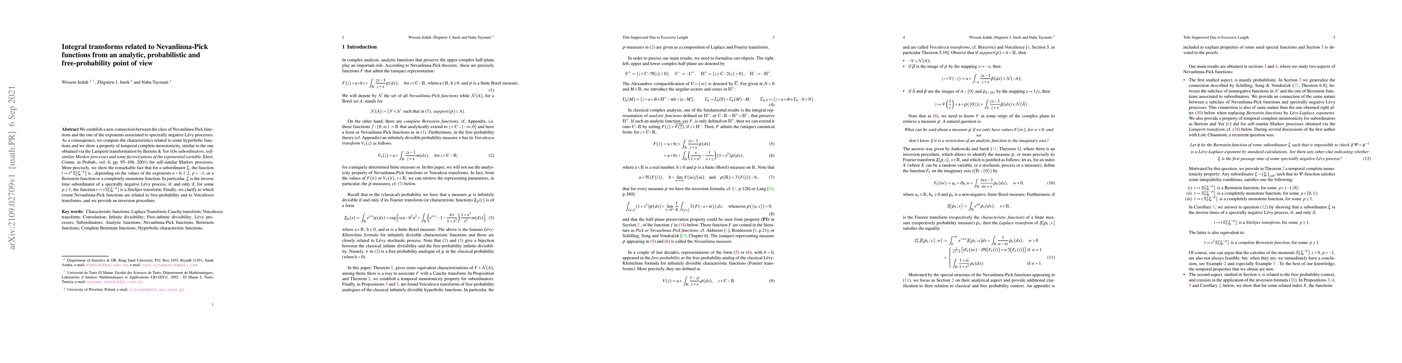 Thumbnail for Integral transforms related to Nevanlinna-Pick functions from an
  analytic, probabilistic and free-probability point of view