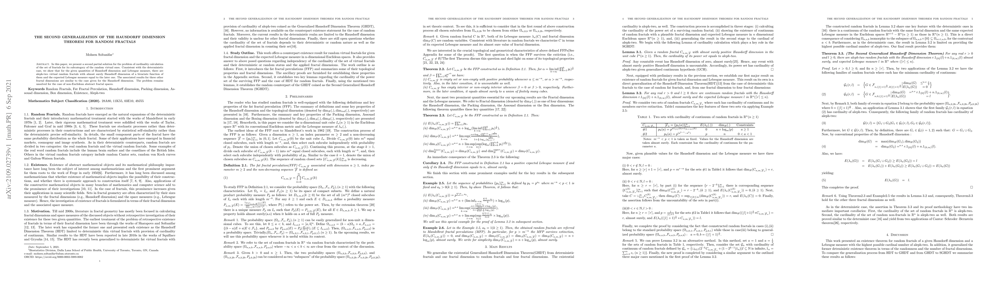 Thumbnail for The Second Generalization of the Hausdorff Dimension Theorem for Random
  Fractals