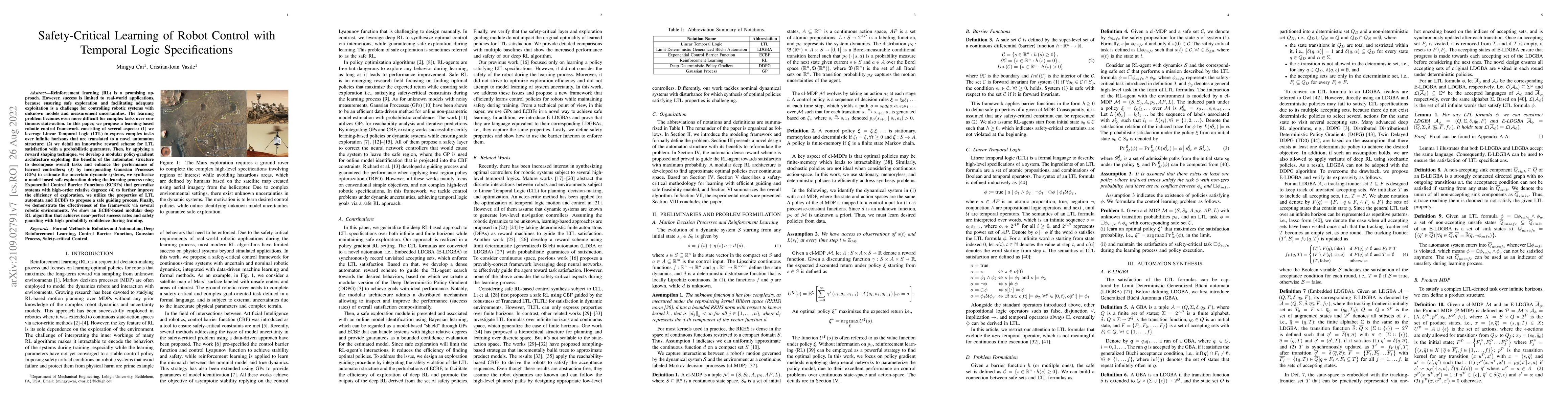 Thumbnail for Safety-Critical Learning of Robot Control with Temporal Logic
  Specifications