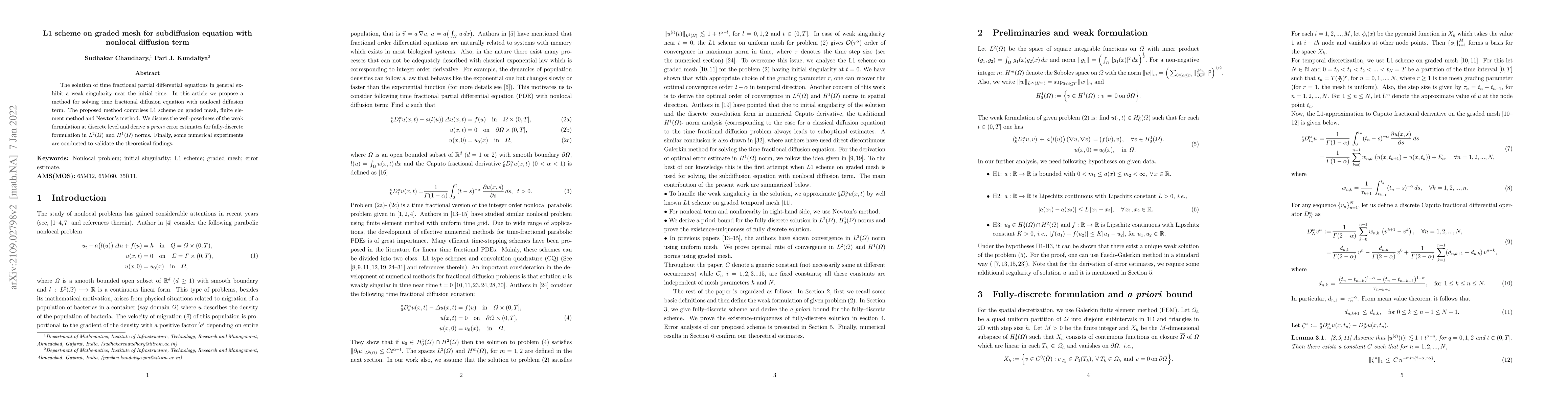 Thumbnail for L1 scheme on graded mesh for subdiffusion equation with nonlocal
  diffusion term