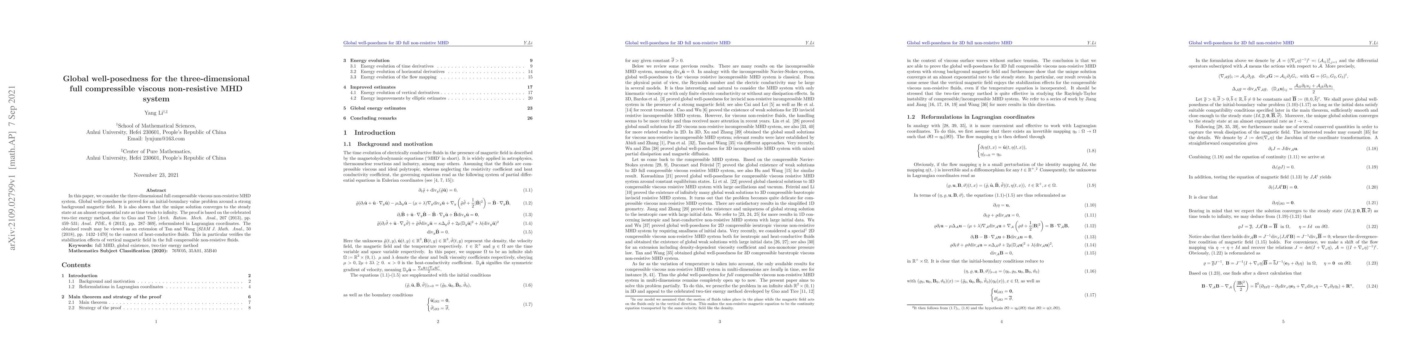 Thumbnail for Global well-posedness for the three-dimensional full compressible
  viscous non-resistive MHD system