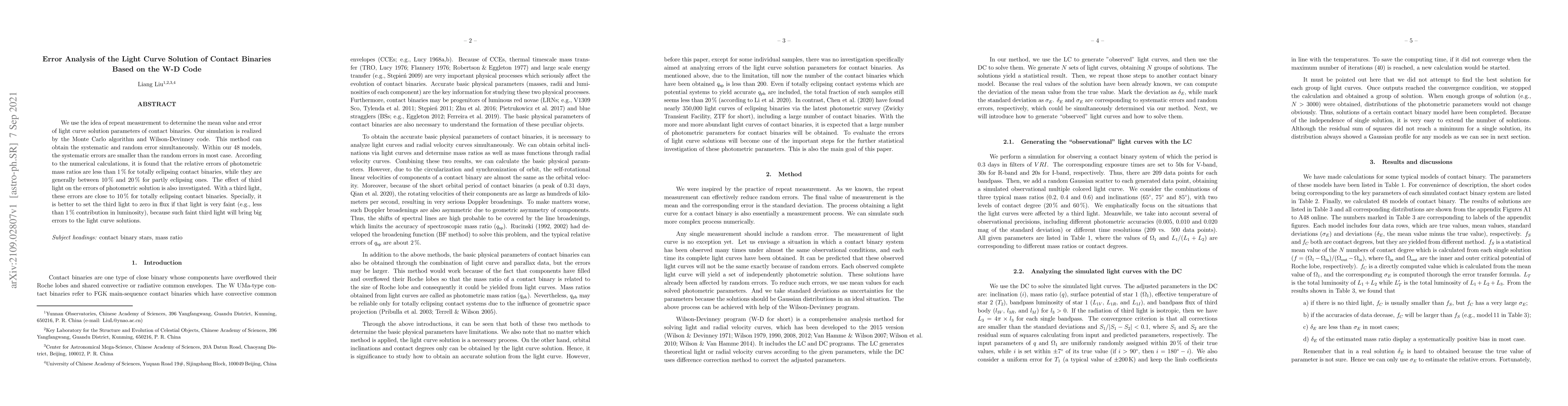 Thumbnail for Error Analysis of the Light Curve Solution of Contact Binaries Based on
  the W-D Code