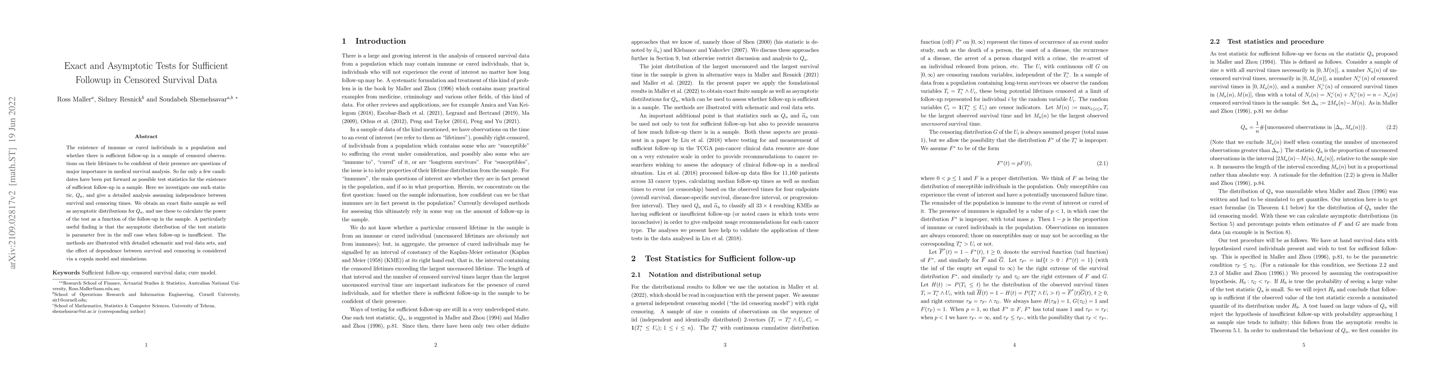Thumbnail for Exact and Asymptotic Tests for Sufficient Followup in Censored Survival
  Data