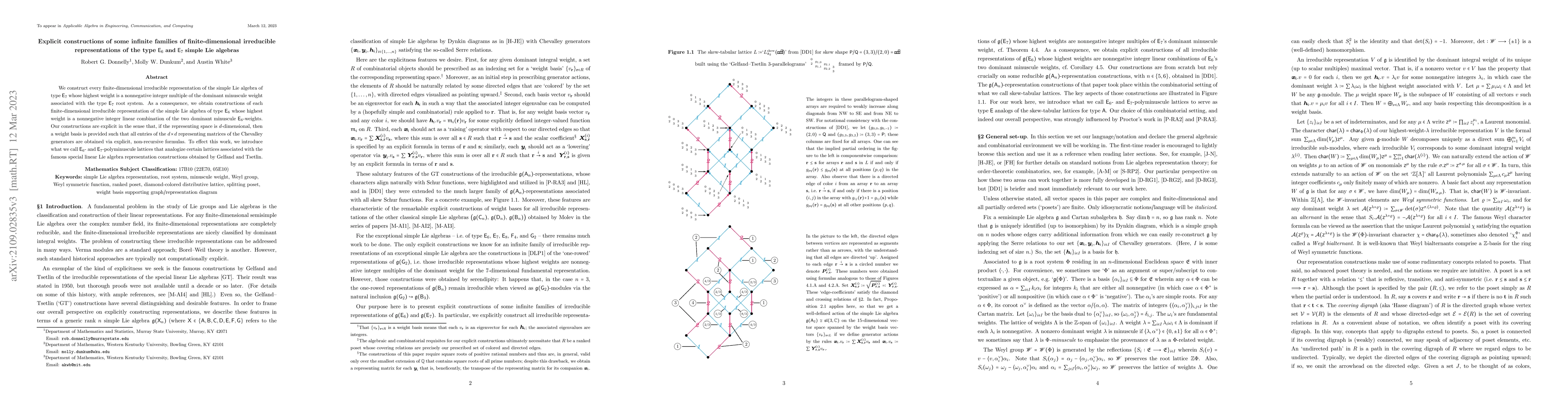 Thumbnail for Explicit constructions of some infinite families of finite-dimensional
  irreducible representations of the type $\mathsf{E}_{6}$ and $\mathsf{E}_{7}$
  simple Lie algebras