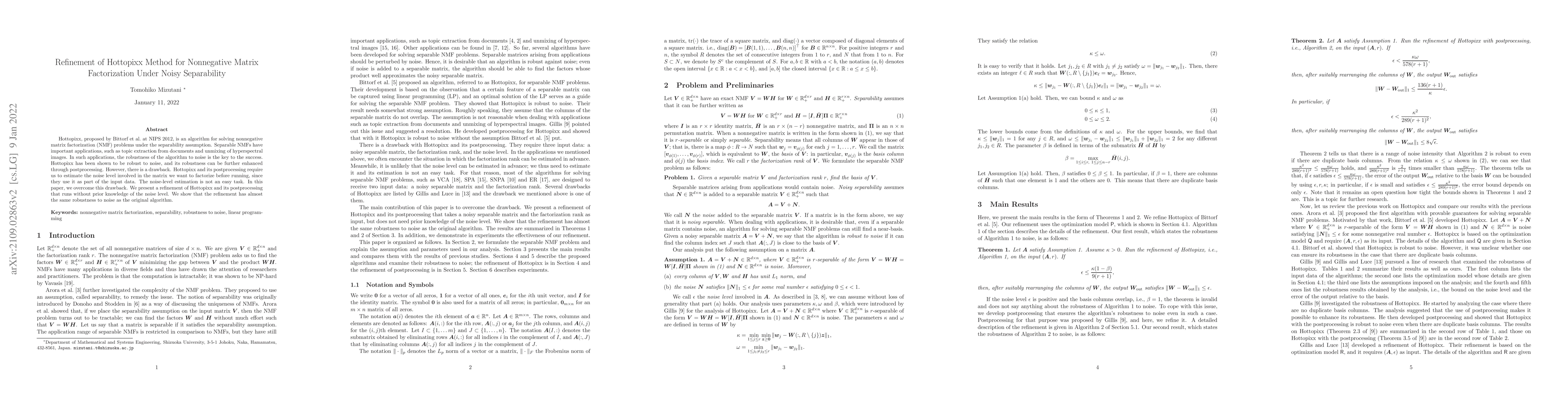 Thumbnail for Refinement of Hottopixx Method for Nonnegative Matrix Factorization
  Under Noisy Separability