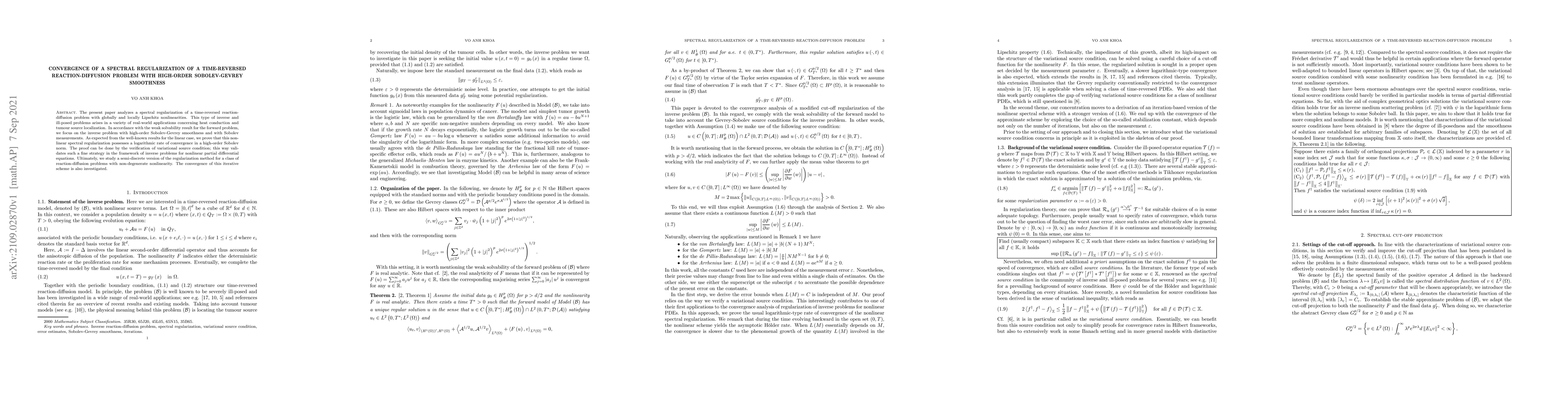 Thumbnail for Convergence of a spectral regularization of a time-reversed
  reaction-diffusion problem with high-order Sobolev-Gevrey smoothness