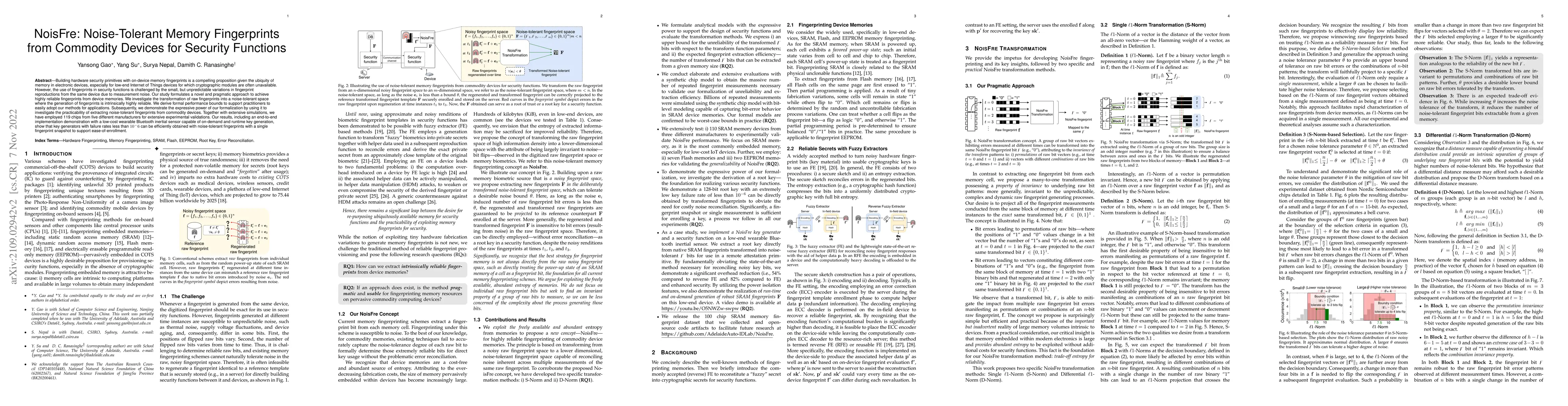Thumbnail for NoisFre: Noise-Tolerant Memory Fingerprints from Commodity Devices for
  Security Functions