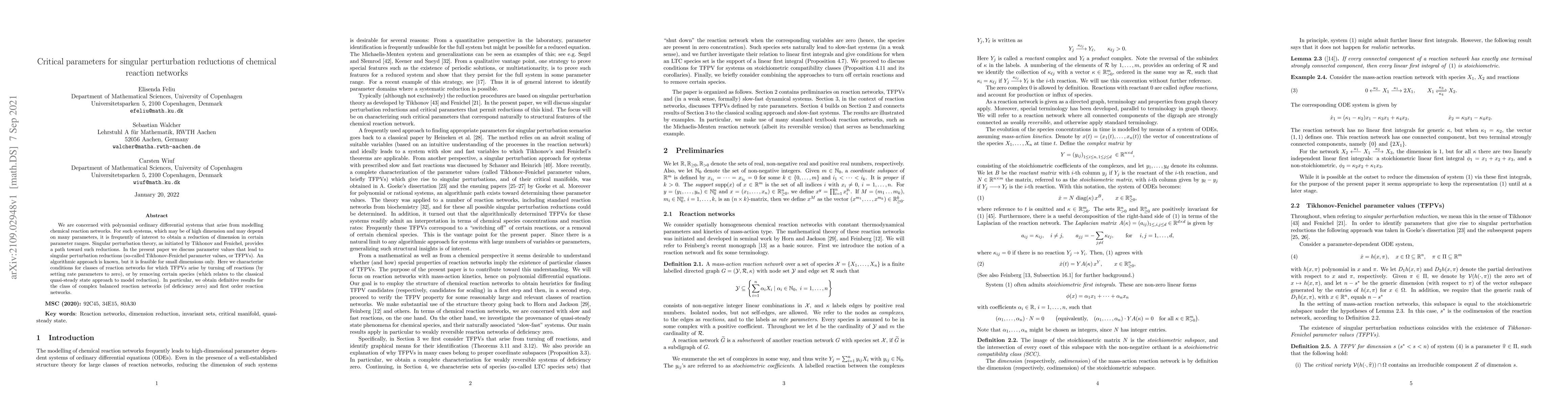 Thumbnail for Critical parameters for singular perturbation reductions of chemical
  reaction networks