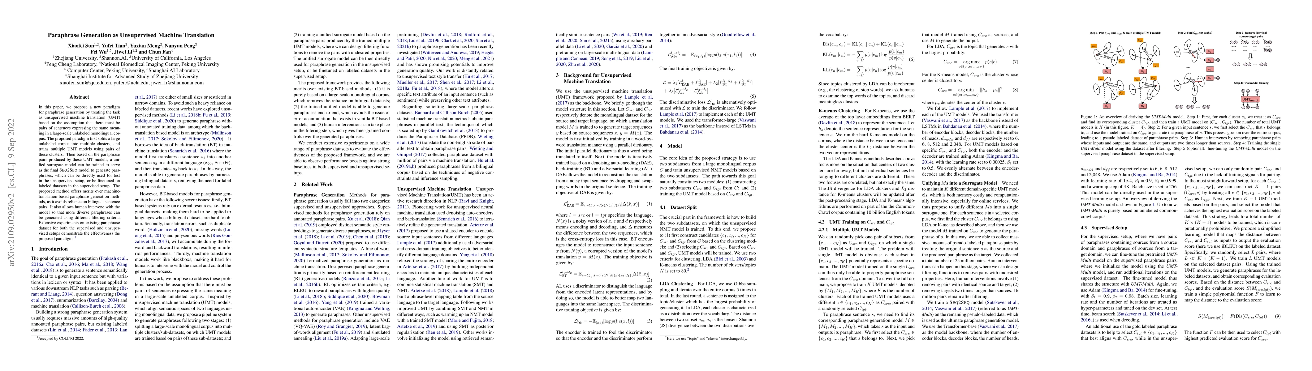 Thumbnail for Paraphrase Generation as Unsupervised Machine Translation
