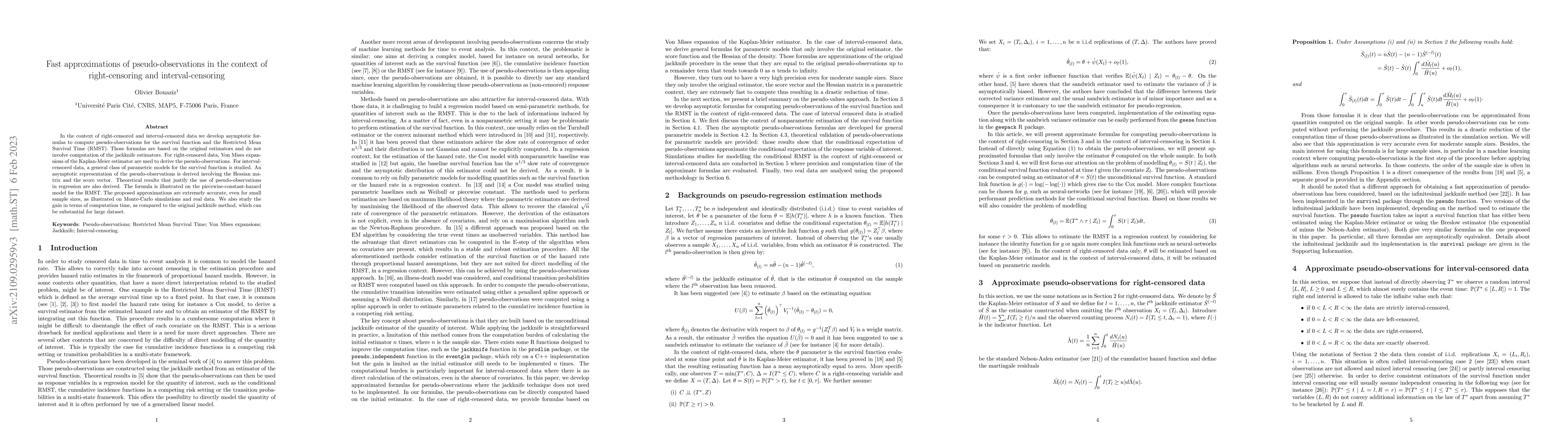 Thumbnail for Fast approximations of pseudo-observations in the context of
  right-censoring and interval-censoring