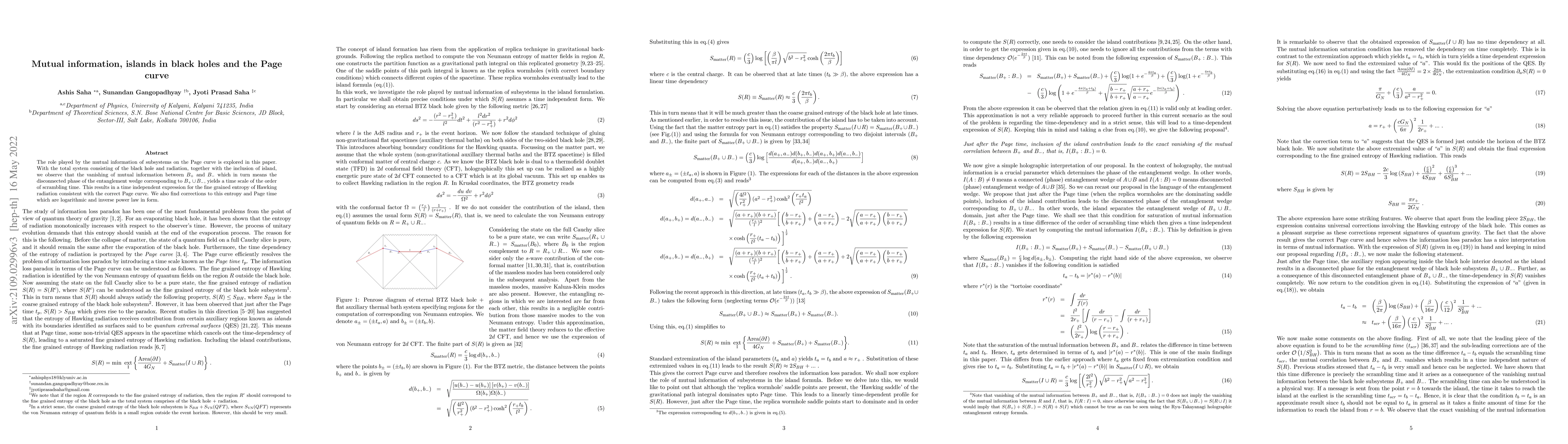 Thumbnail for Mutual information, islands in black holes and the Page curve