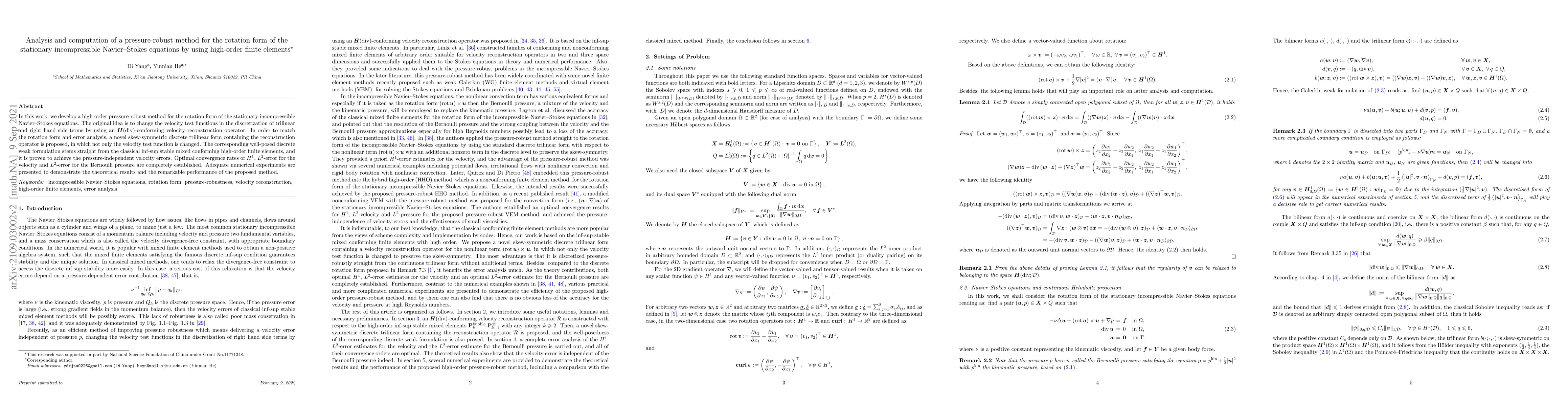Thumbnail for Analysis and computation of a pressure-robust method for the rotation
  form of the stationary incompressible Navier-Stokes equations by using
  high-order finite elements