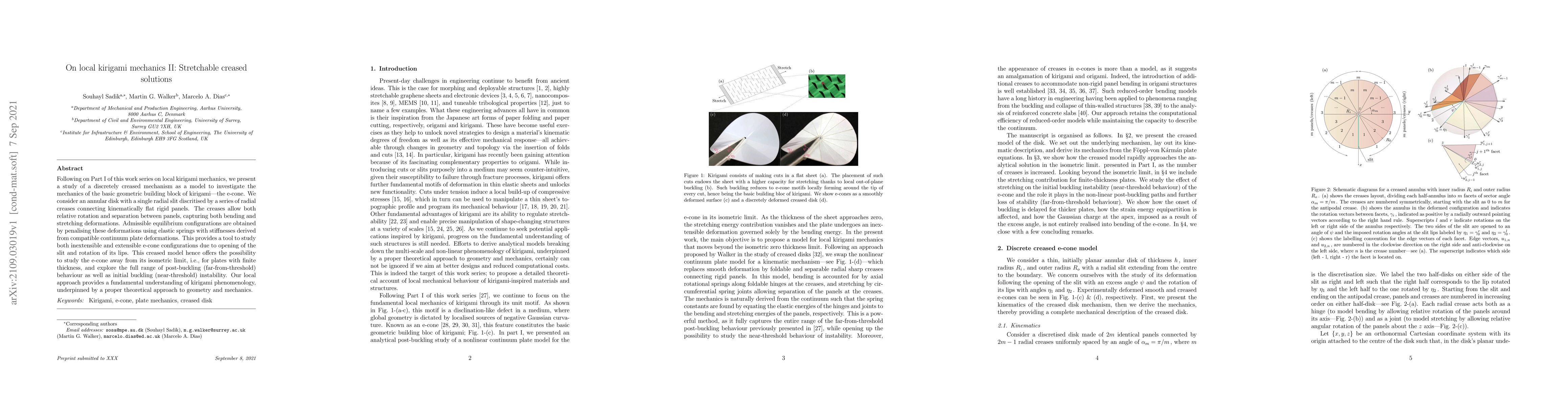 Thumbnail for On local kirigami mechanics II: Stretchable creased solutions