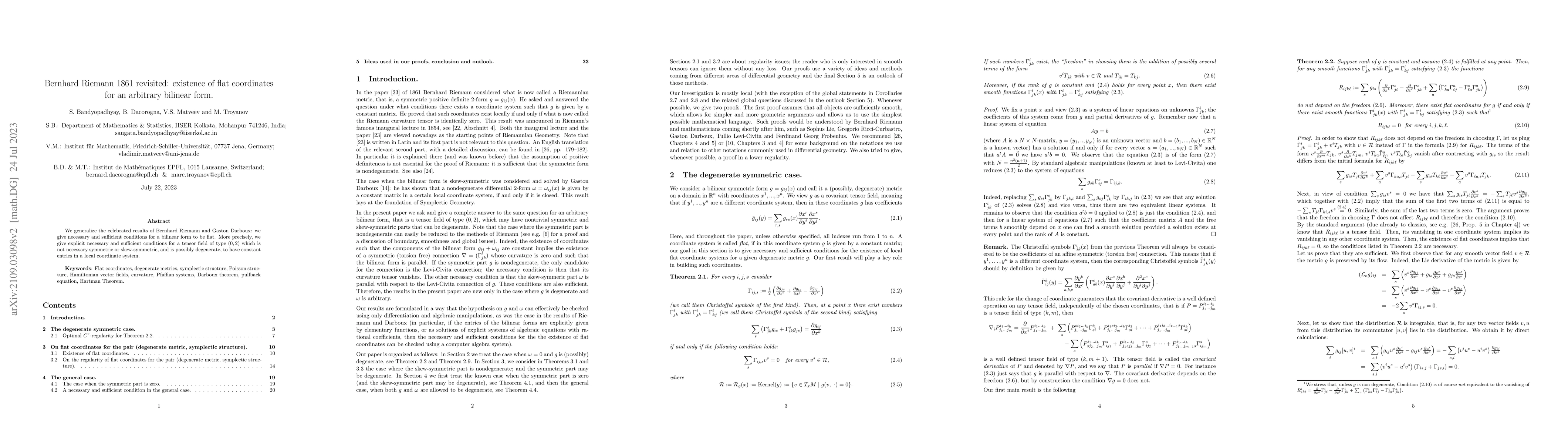 Thumbnail for Bernhard Riemann 1861 revisited: existence of flat coordinates for an
  arbitrary bilinear form