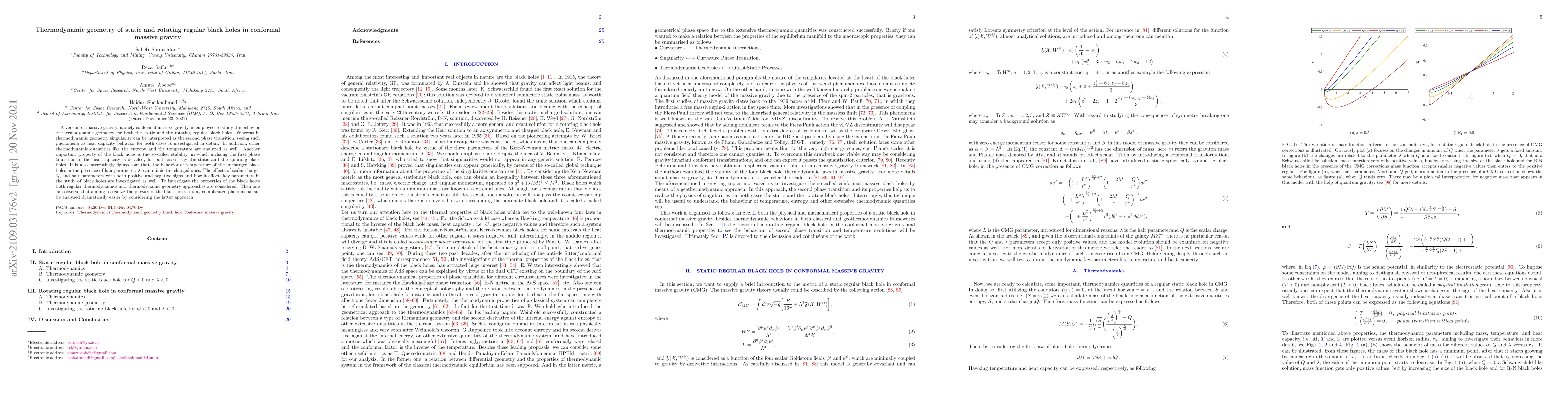 Thumbnail for Thermodynamic geometry of static and rotating regular black holes in
  conformal massive gravity