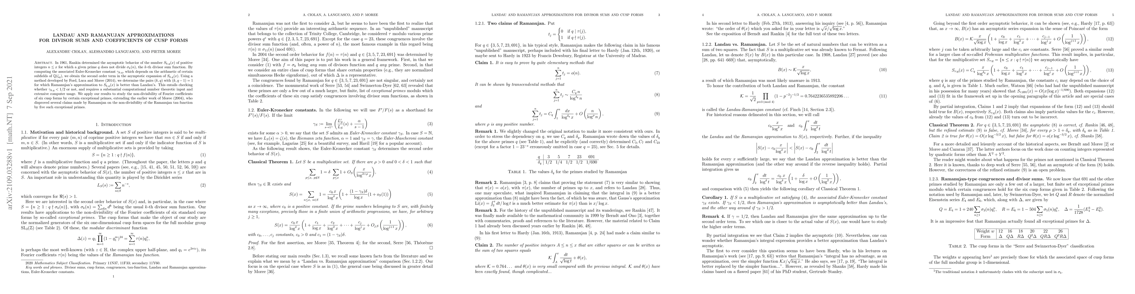 Thumbnail for Landau and Ramanujan approximations for divisor sums and coefficients of
  cusp forms