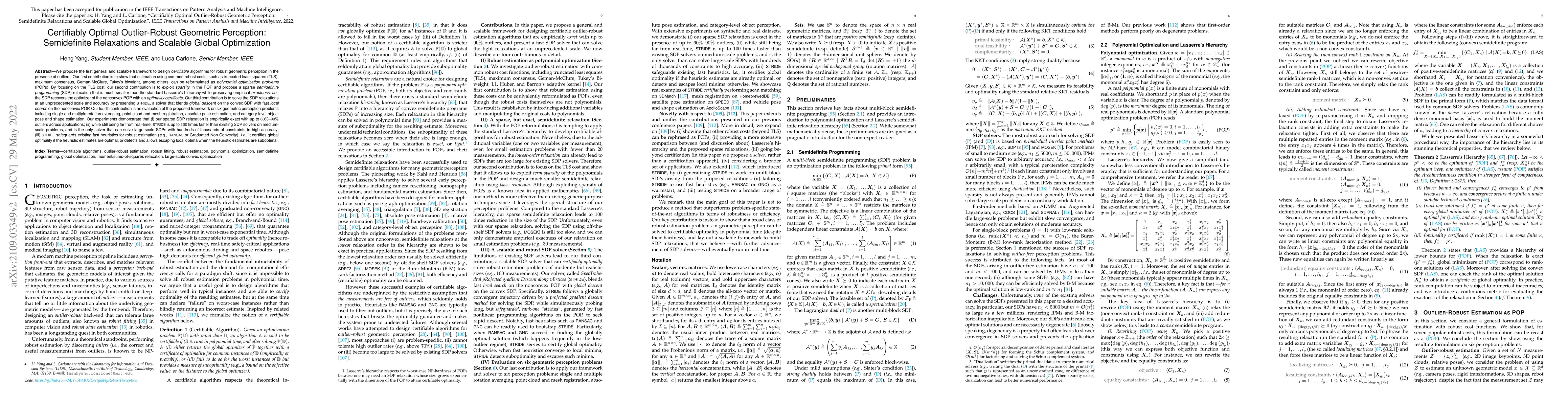 Thumbnail for Certifiably Optimal Outlier-Robust Geometric Perception: Semidefinite
  Relaxations and Scalable Global Optimization