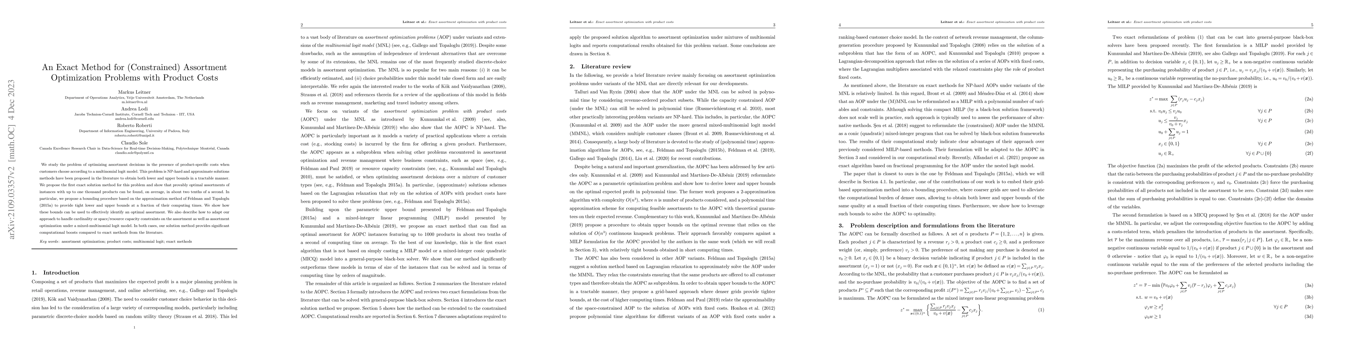 Thumbnail for An Exact Method for (Constrained) Assortment Optimization Problems with
  Product Costs