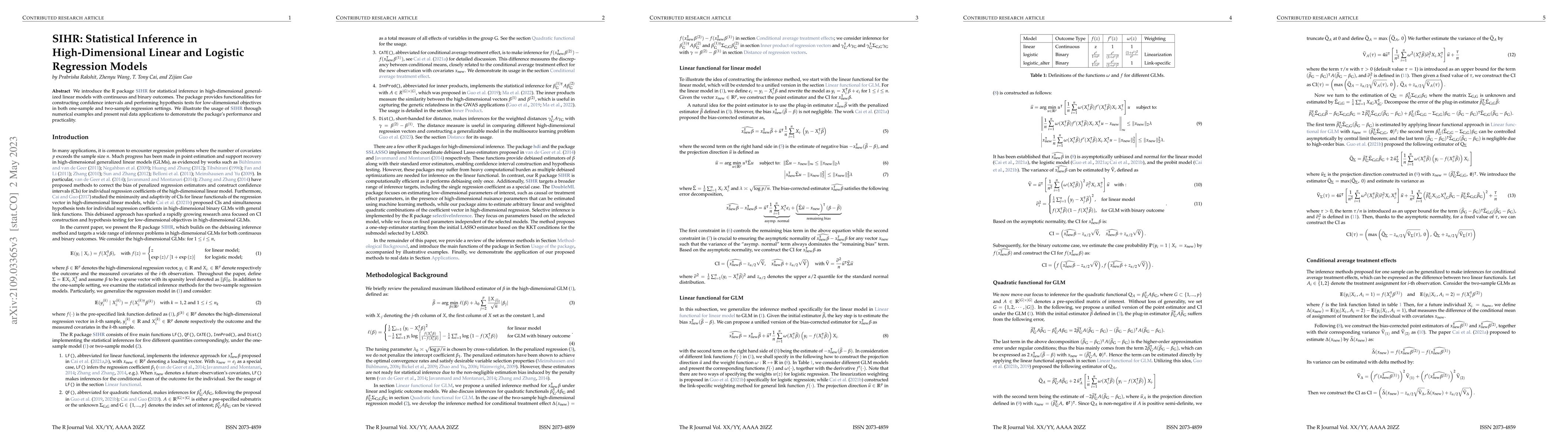Thumbnail for SIHR: Statistical Inference in High-Dimensional Linear and Logistic
  Regression Models