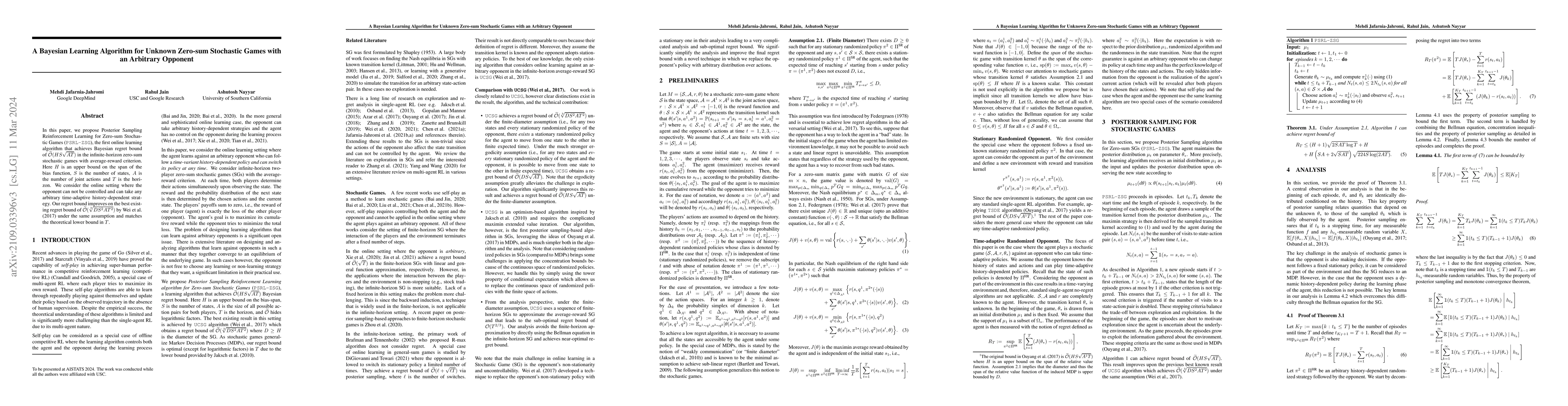 Thumbnail for A Bayesian Learning Algorithm for Unknown Zero-sum Stochastic Games with
  an Arbitrary Opponent