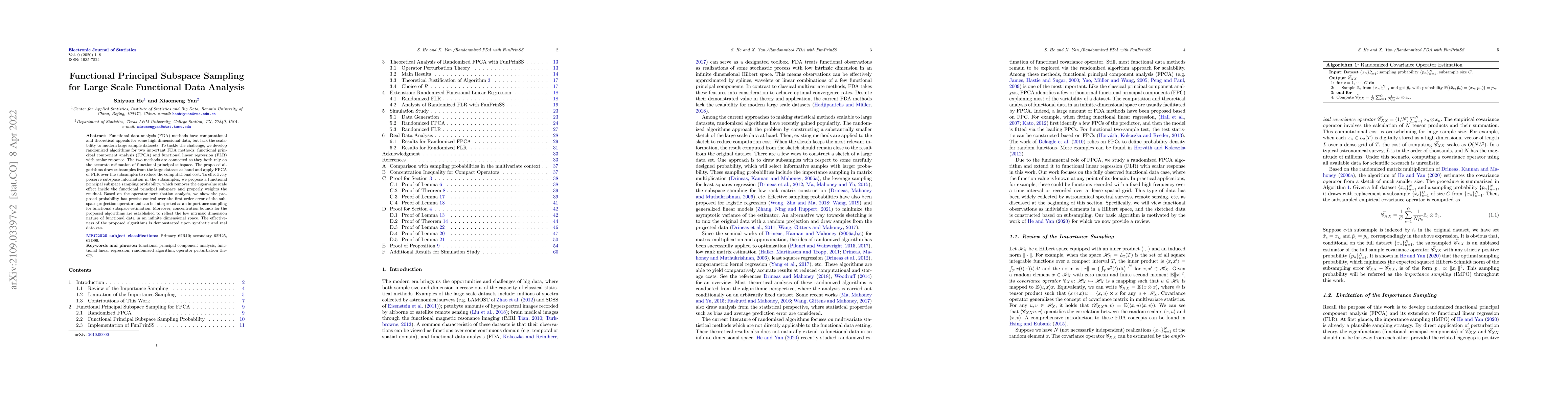 Thumbnail for Functional Principal Subspace Sampling for Large Scale Functional Data
  Analysis