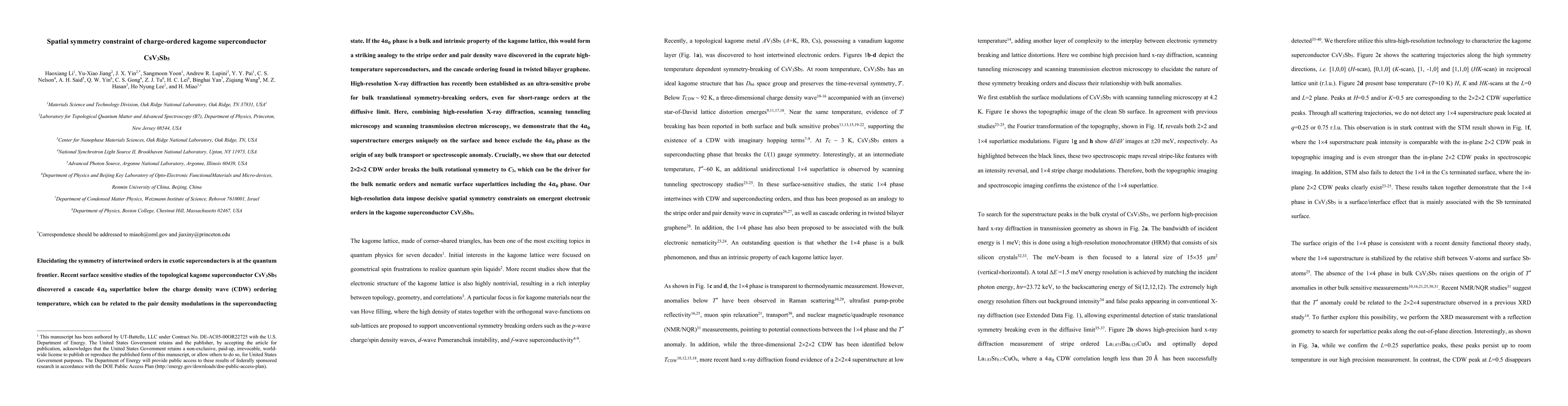 Thumbnail for Spatial symmetry constraint of charge-ordered kagome superconductor
  CsV$_3$Sb$_5$