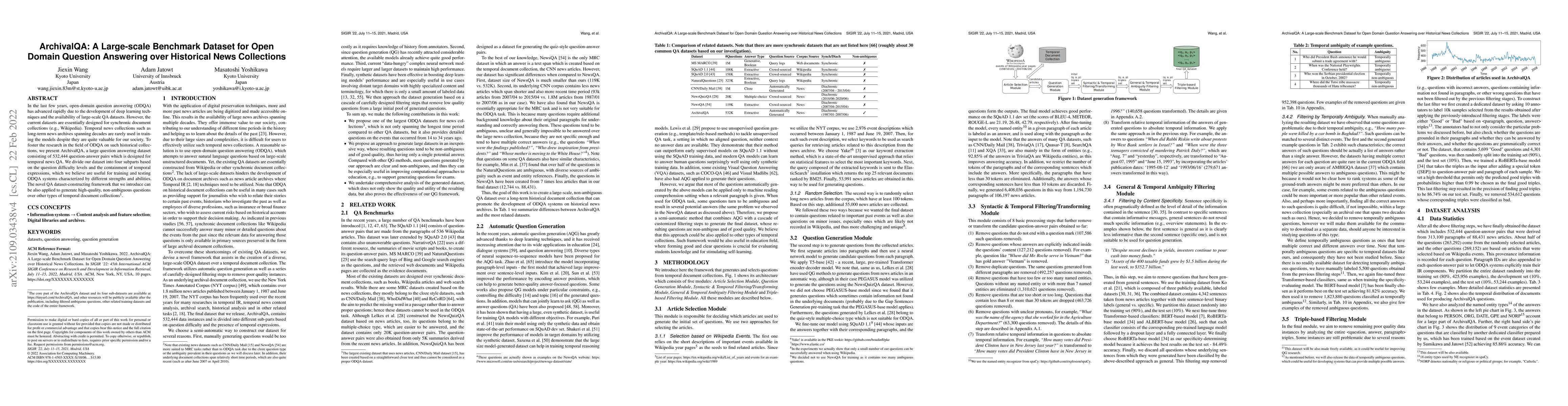 Thumbnail for ArchivalQA: A Large-scale Benchmark Dataset for Open Domain Question
  Answering over Historical News Collections