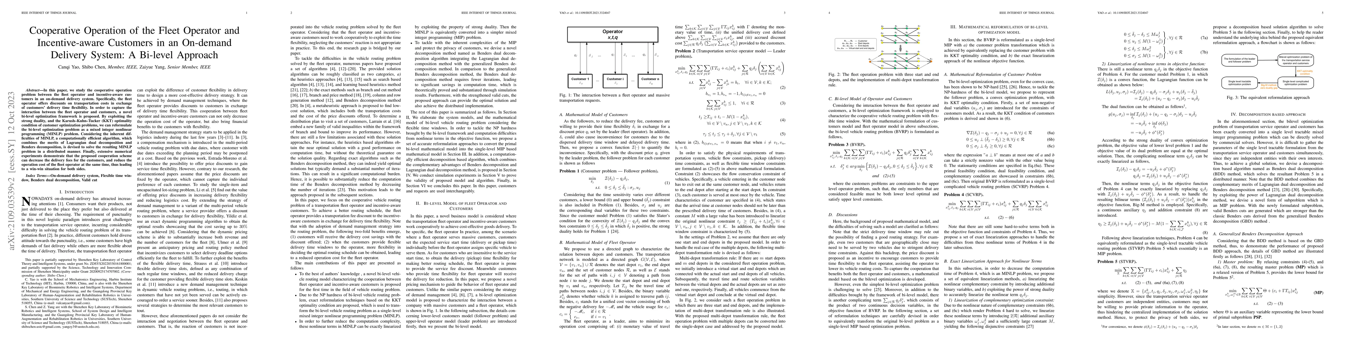 Thumbnail for Cooperative Operation of the Fleet Operator and Incentive-aware
  Customers in an On-demand Delivery System: A Bi-level Approach