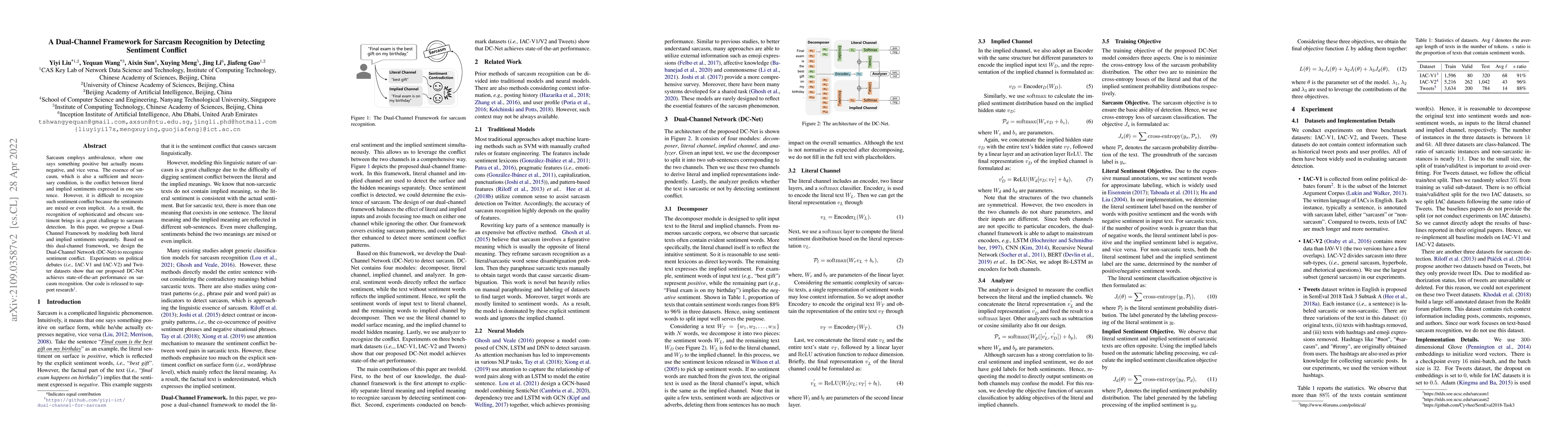 Thumbnail for A Dual-Channel Framework for Sarcasm Recognition by Detecting Sentiment
  Conflict