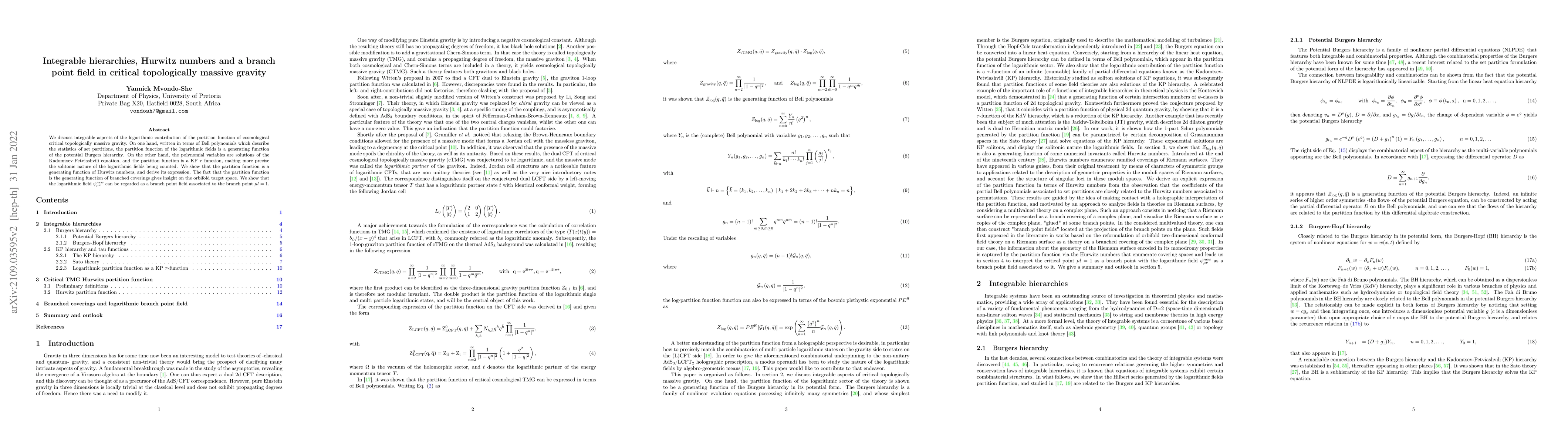 Thumbnail for Integrable hierarchies, Hurwitz numbers and a branch point field in
  critical topologically massive gravity
