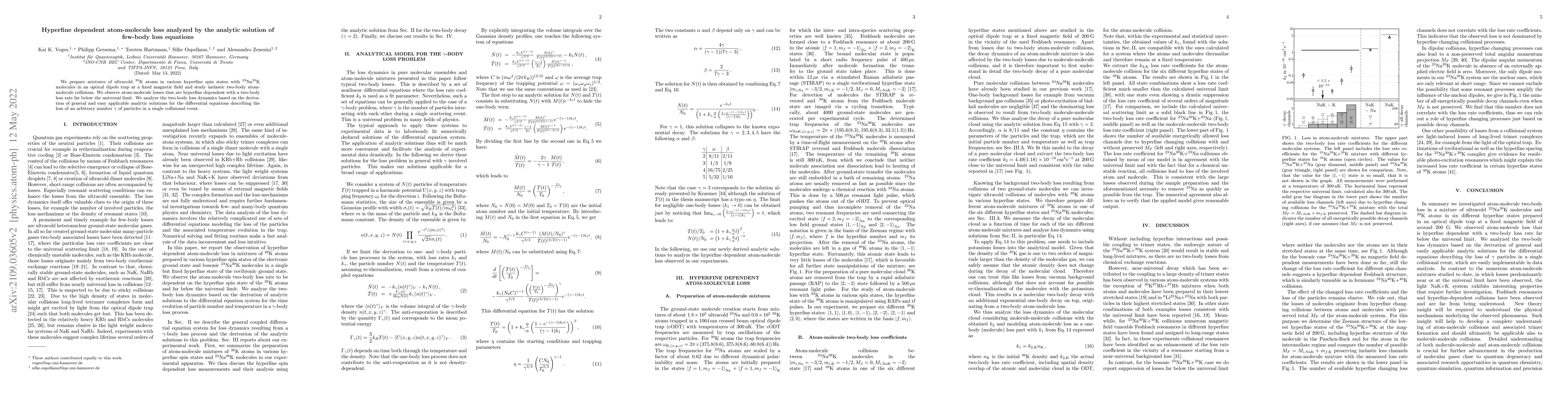 Thumbnail for Hyperfine dependent atom-molecule loss analyzed by the analytic solution
  of few-body loss equations