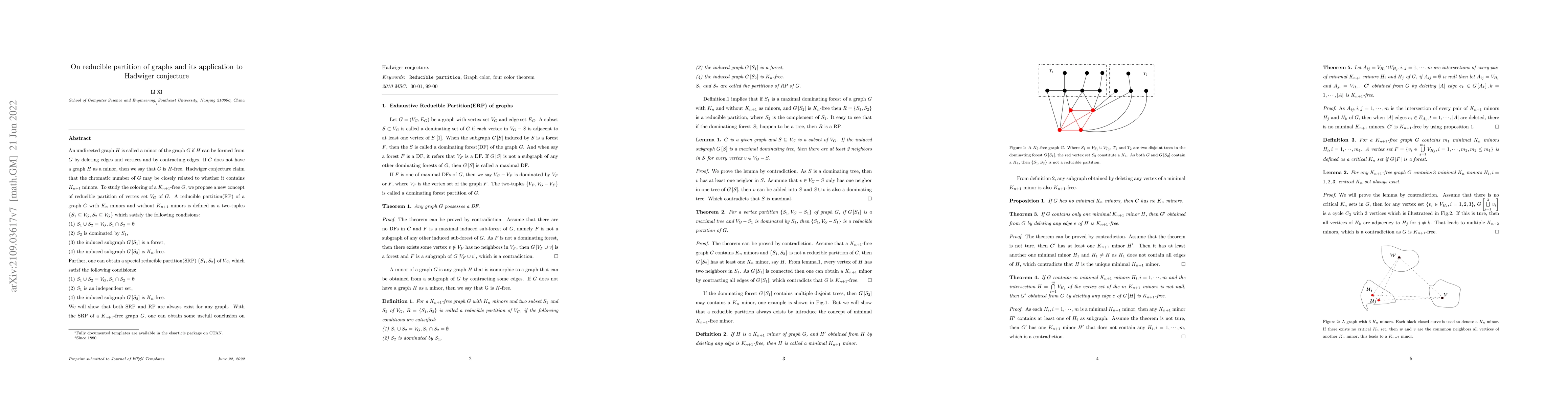 Thumbnail for On reducible partition of graphs and its application to Hadwiger
  conjecture