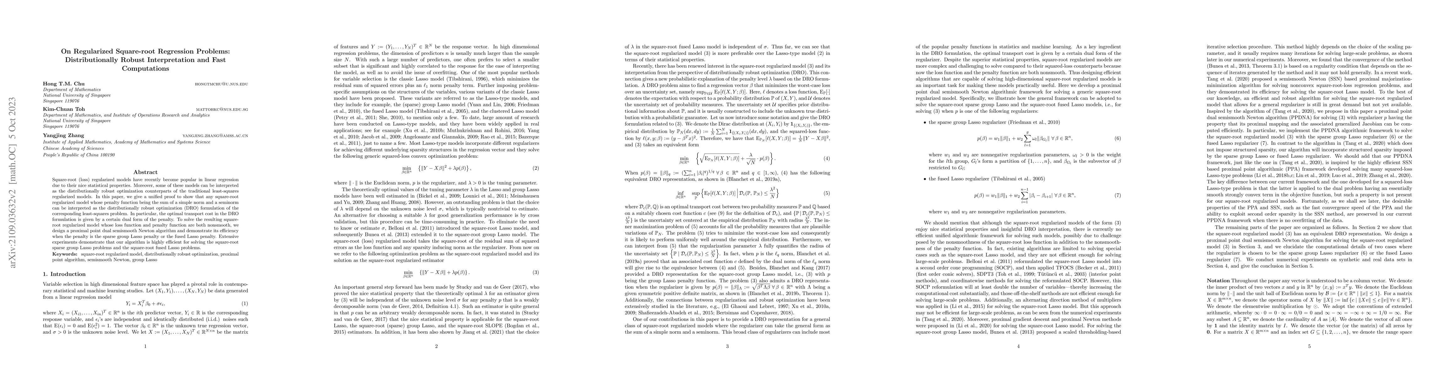 Thumbnail for On Regularized Square-root Regression Problems: Distributionally Robust
  Interpretation and Fast Computations