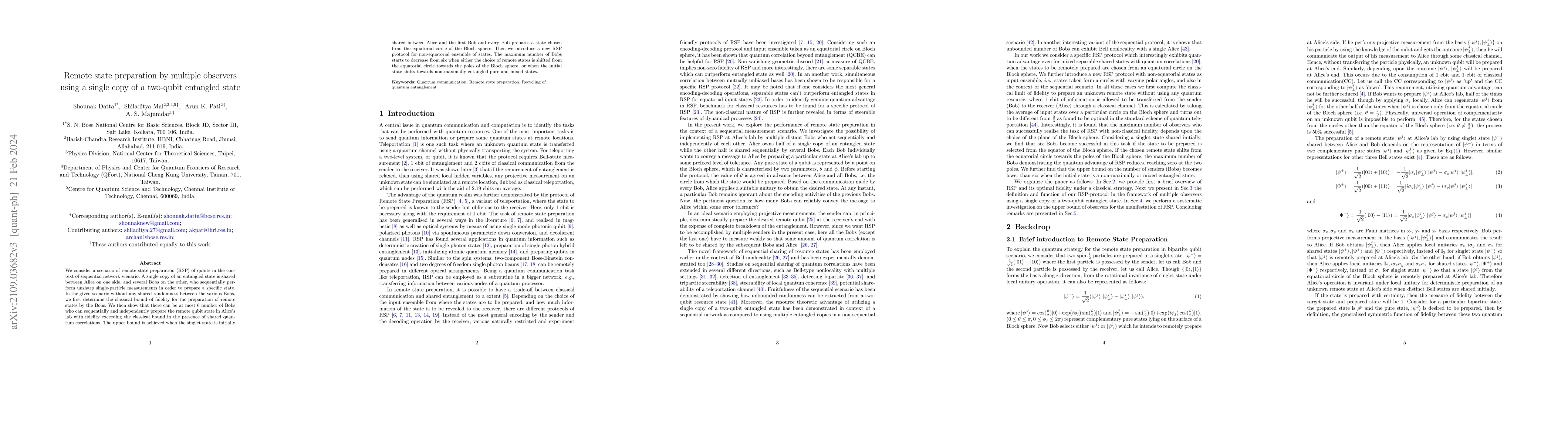 Thumbnail for Remote state preparation by multiple observers using a single copy of a
  two-qubit entangled state