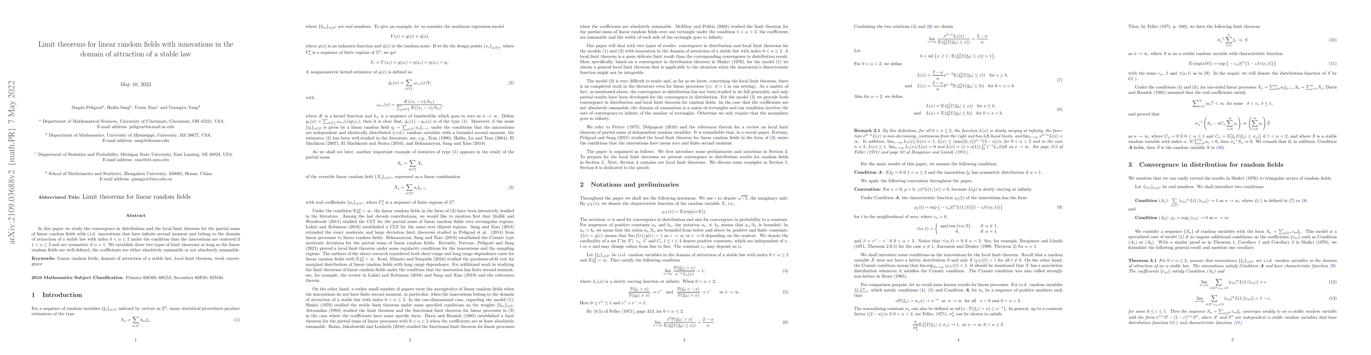 Thumbnail for Limit theorems for linear random fields with innovations in the domain
  of attraction of a stable law