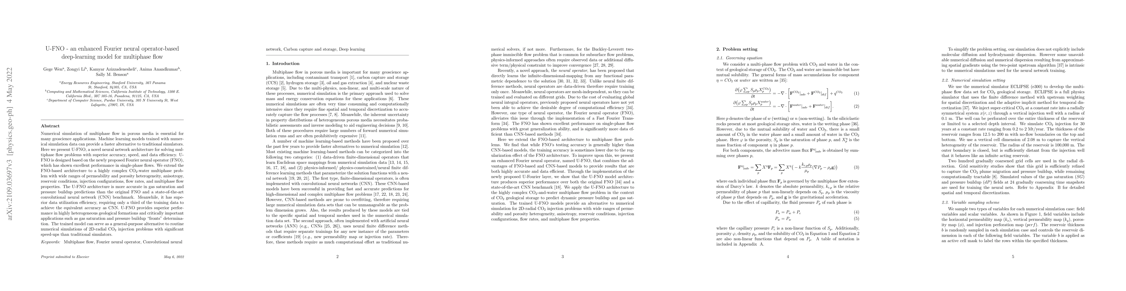 Thumbnail for U-FNO -- An enhanced Fourier neural operator-based deep-learning model
  for multiphase flow